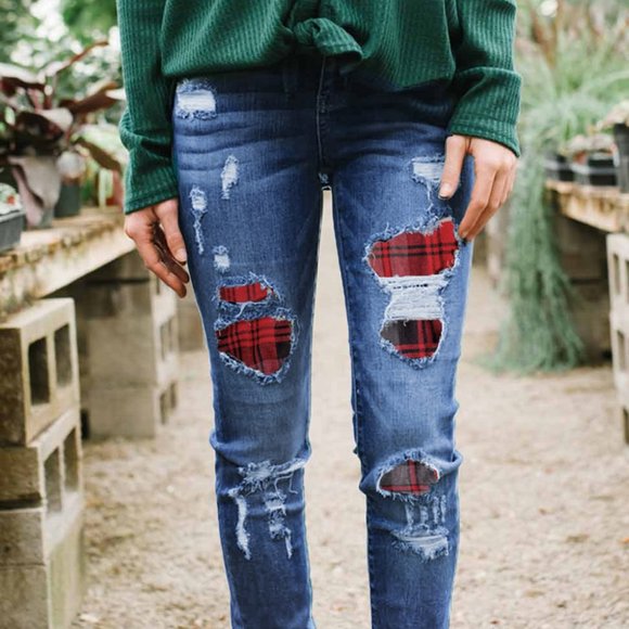 Denim - 💜 New Distressed Plaid Patched Jeans